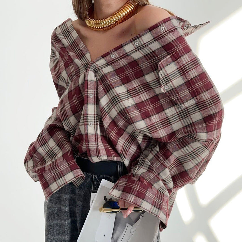 Vintage Classic Autumn/Winter New Women's Plaid Terylene Lapel Long-Sleeved Shirt Casual Loose Commuter Shirt