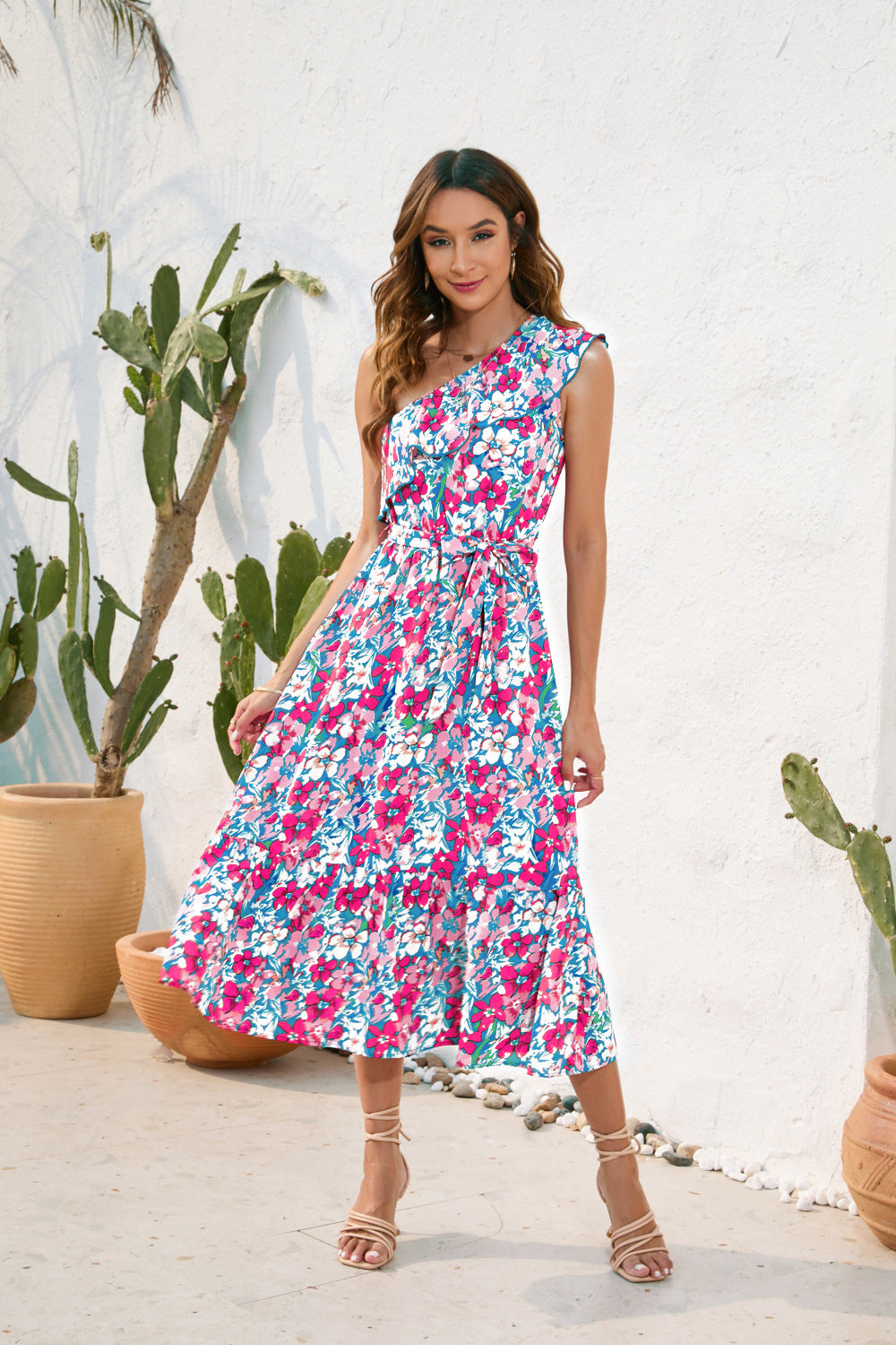 Floral Print Dress With Diagonal Shoulder Strap Casual Holiday Floaty Swing Dress