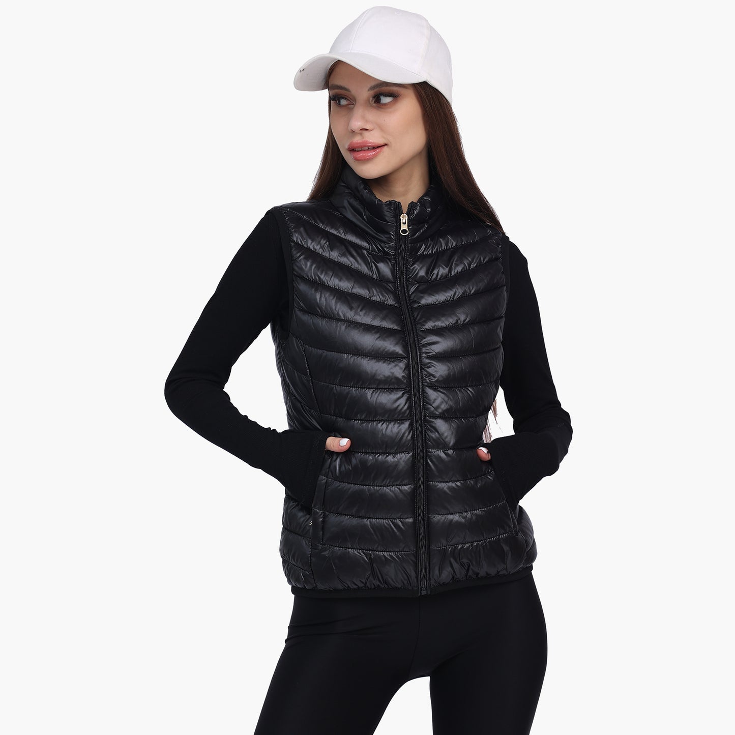 Women's Winter Ultra Light Warm And Anti-Packable Down Vest Jacket Sleeveless Stand-Up Collar Jacket With Pockets