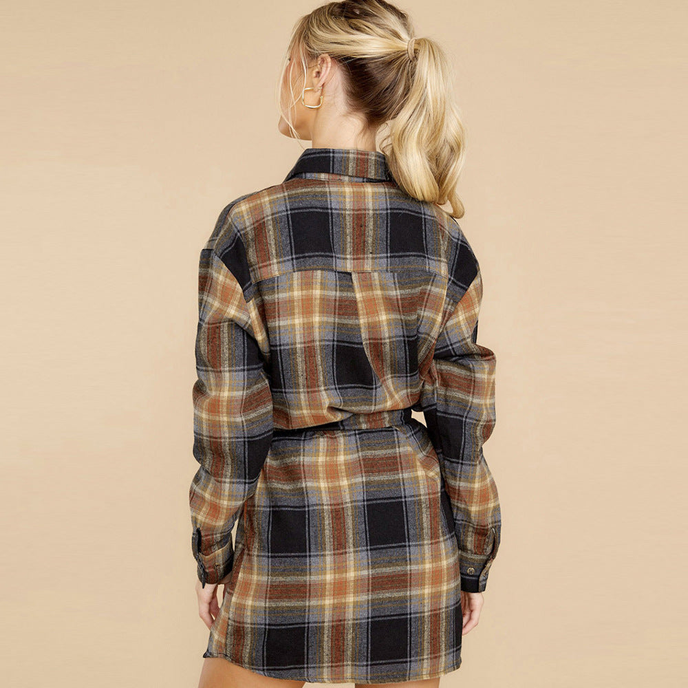 Autumn And Winter New Plaid Print Dress Women Loose Lapel Long Sleeve Knee Skirt