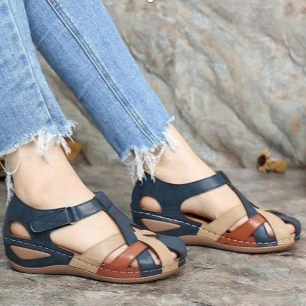 Large Size Summer New Round Head Wedge Velcro Outside Wearing Straw Woven Women's Sandals Slippers