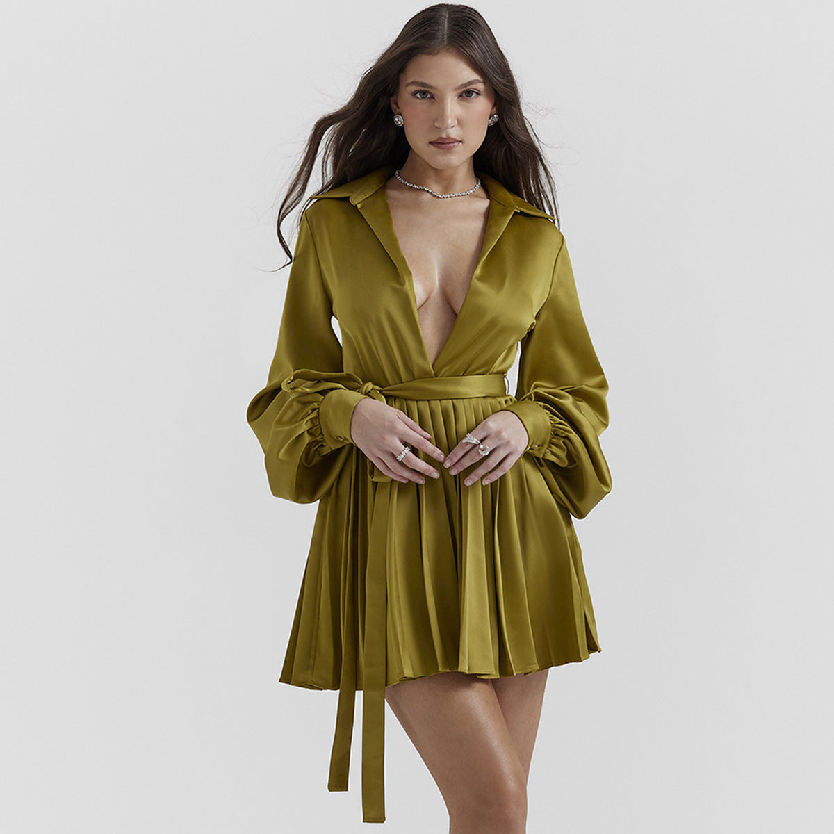 Lantern Long Sleeve Sexy Deep V High Spring Forged Shirtdress Waist Pleated Skirt Baby Spice Dress