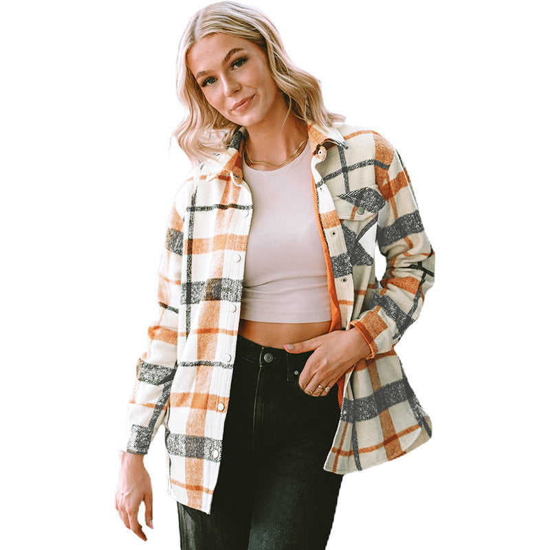 Winter New Plaid Print Long-Sleeved Coat Women Fashion Color Contrast Warm Coat Women