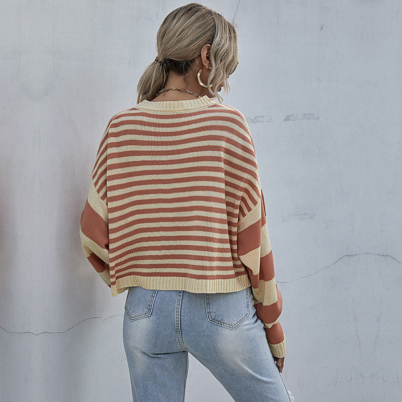 Women's Striped Round Neck Loose Knit Short Sweater Female Match