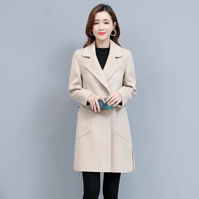 Fashion All-In-One Counter Quality Pure Wool Hand-Stitched Medium Length Double-Sided Cashmere Overcoat