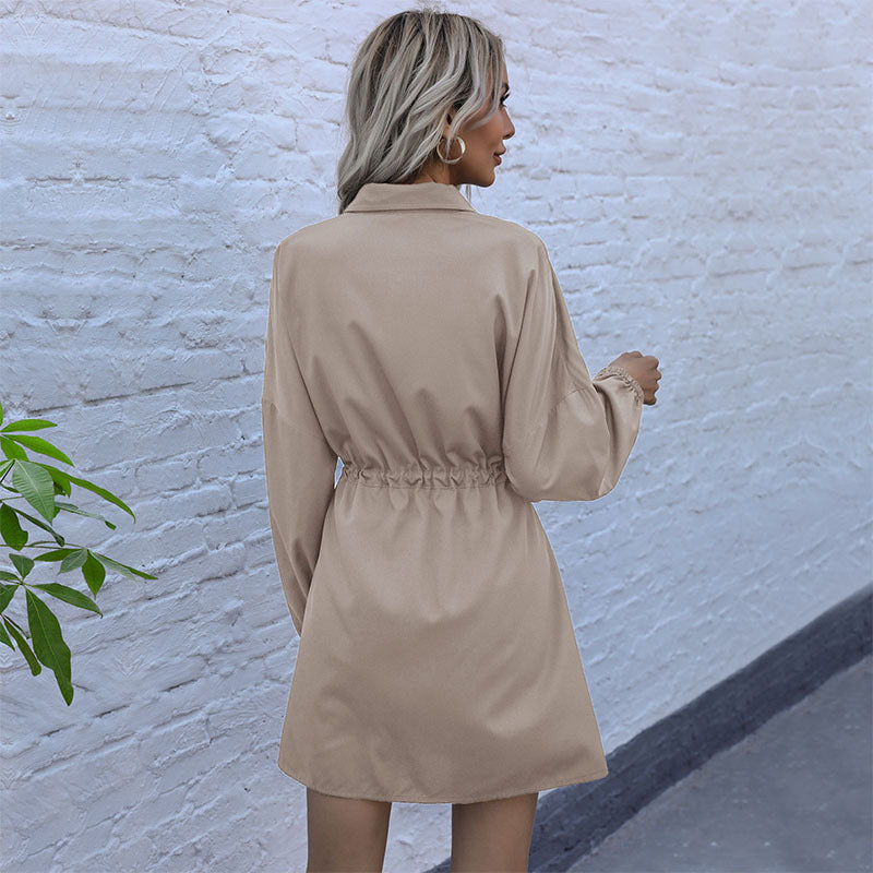 Early Autumn Double Drawstring Shirt Dress Solid Color Lapel Long-Sleeved Shirt Dress