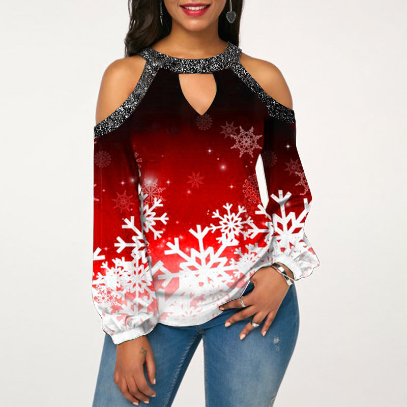 Christmas Print Flared Sleeve Off-Shoulder Round Neck Casual Long Sleeve T-Shirt For Women