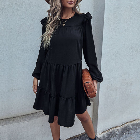 New Fashion Women's Long-Sleeved Black Loose Hepburn Dress