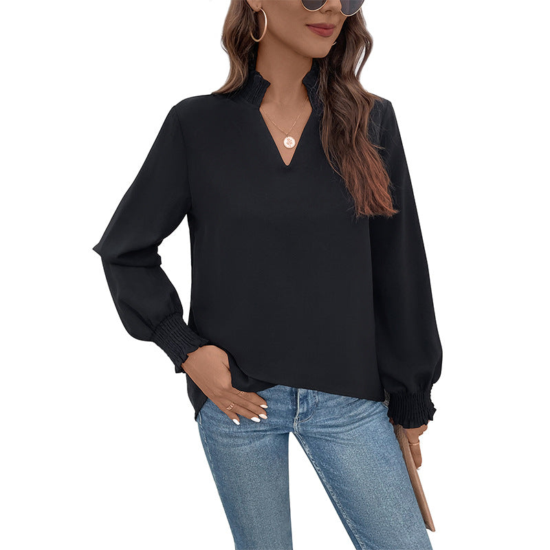 Autumn Temperament Capable Women's Shirt Solid Color V-Neck Wear Women's Shirt