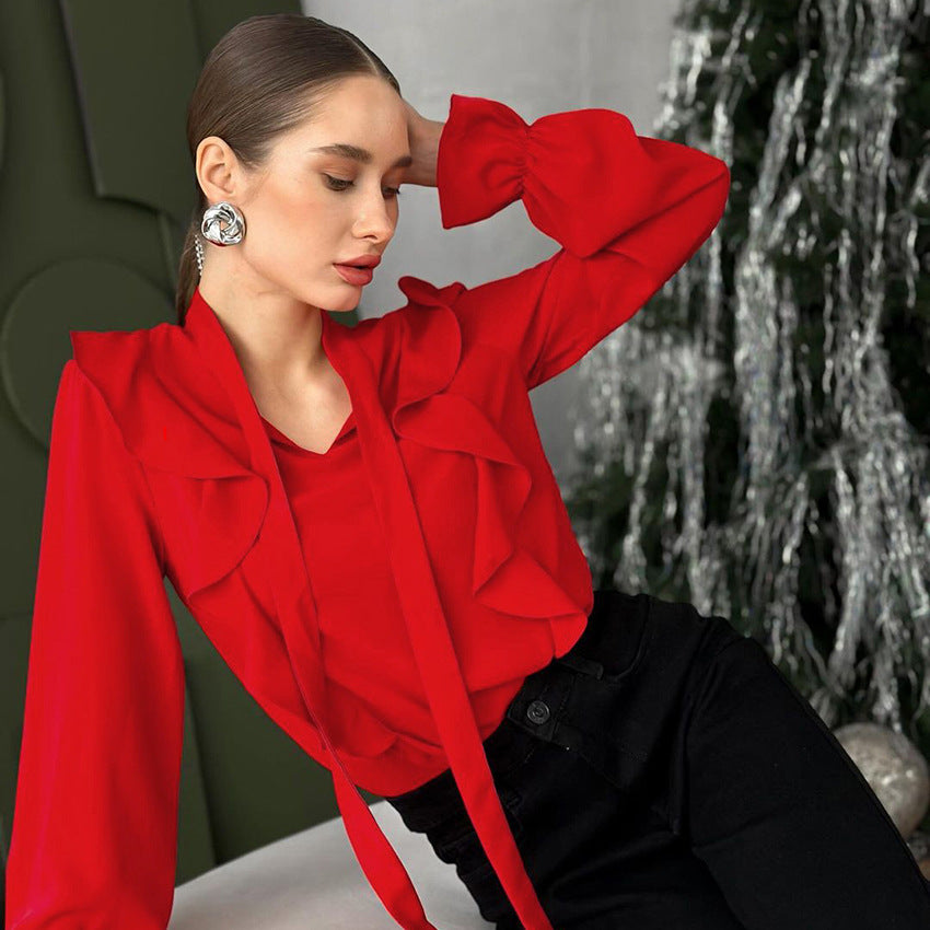 Spring Red Chiffon Elegant Loose Ruffled Lace-Up Women's Shirt New Commuter Top For Women