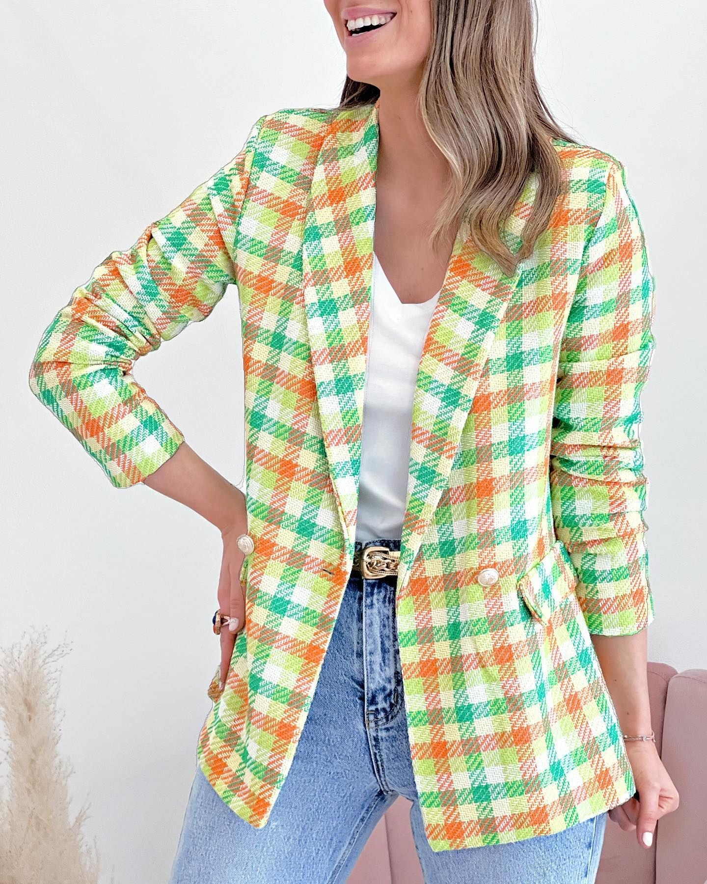 Autumn And Winter New Long-Sleeve Pocket Print Plaid Slim Coat Woman