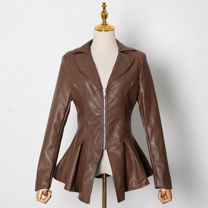 Women's New Leather Lapel Waist Slimming Splicing Bottom Spring And Autumn Coat Women's Fashion Casual Jacket