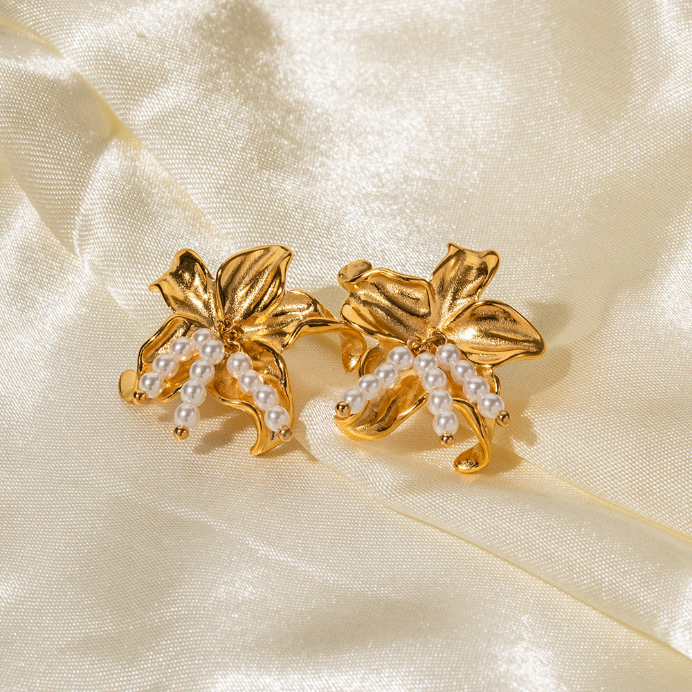 5pcs 18K Gold Stainless Steel Starfish Set Pearl Earrings Design Sense Of Non-Fading Earrings