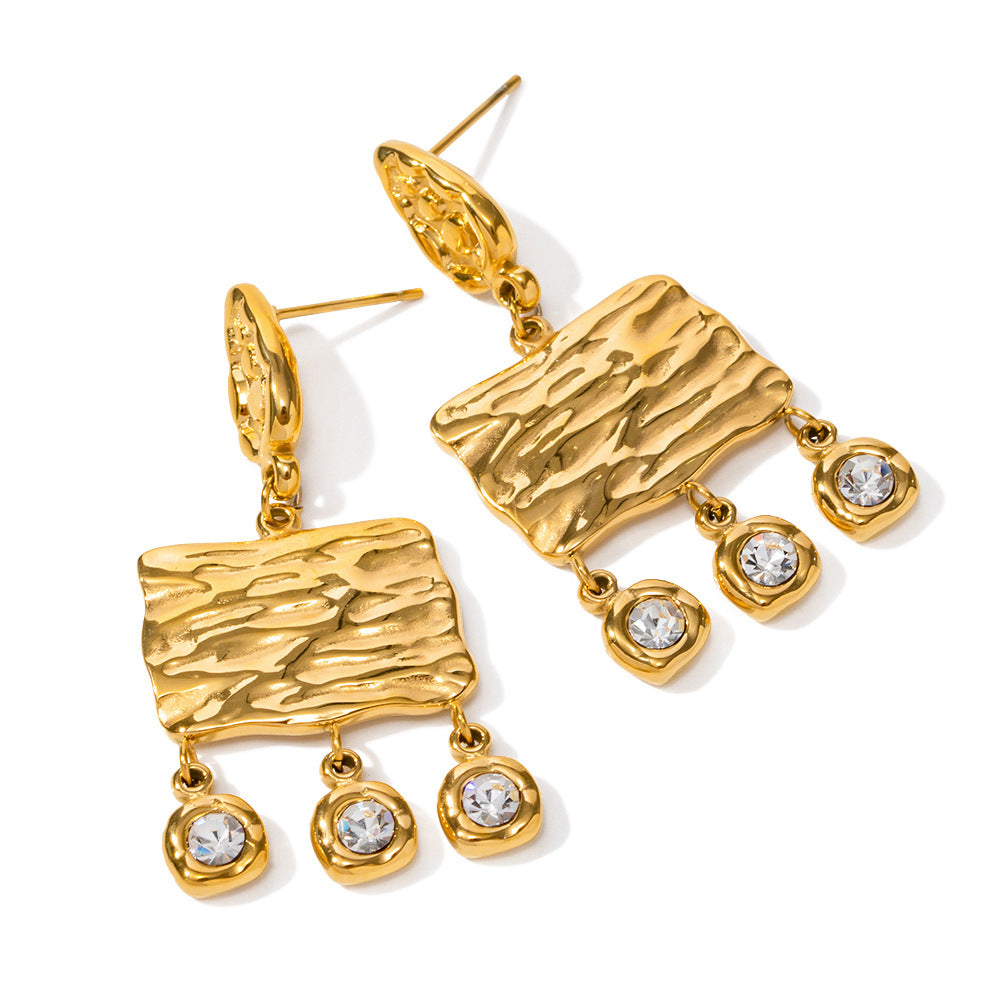 5pcs Ring 18K Gold Stainless Steel Wood Grain Square Brand With Zircon Fringe Pendant Earrings Do Not Fade Ring