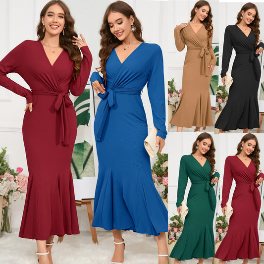 Women's V-Neck Long Sleeve Slim-Fit Temperament Fishtail Skirt Knitted Long Dress Dress Big Size