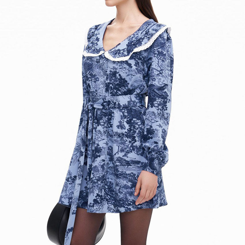 Autumn Sexy Touch Floral V-Neck Bubble Sleeve Dress With Stylish Bow Lace-Up Skirt