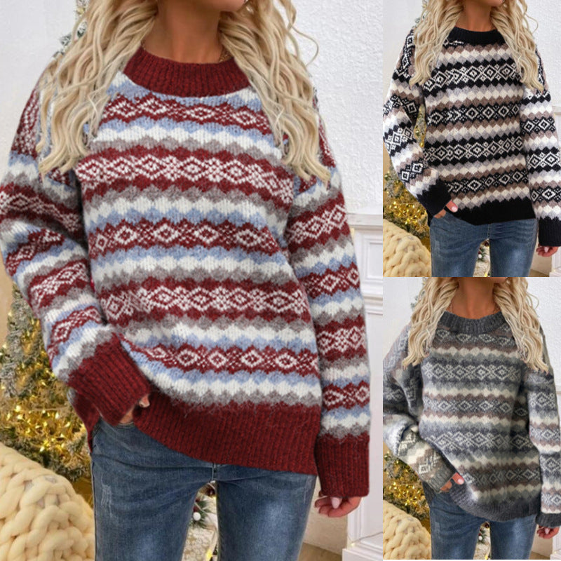 Women's Autumn And Winter New Christmas Round Neck Knitted Pullover Sweater Coat