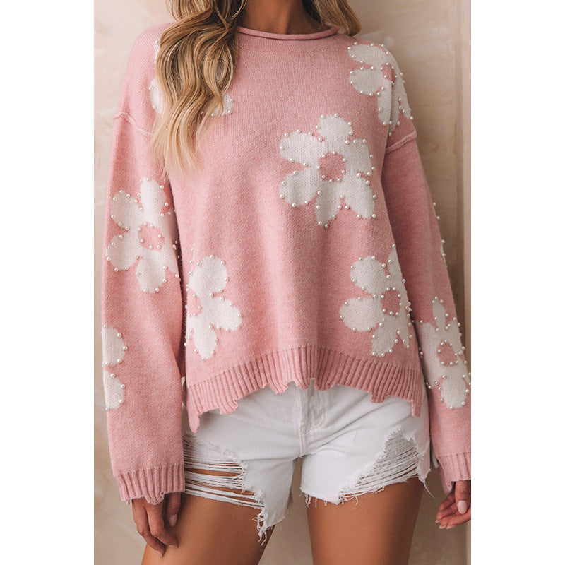 Autumn And Winter New Off-Shoulder Long Sleeve Top Woman Sweet Wind Beaded Printed Sweater Woman