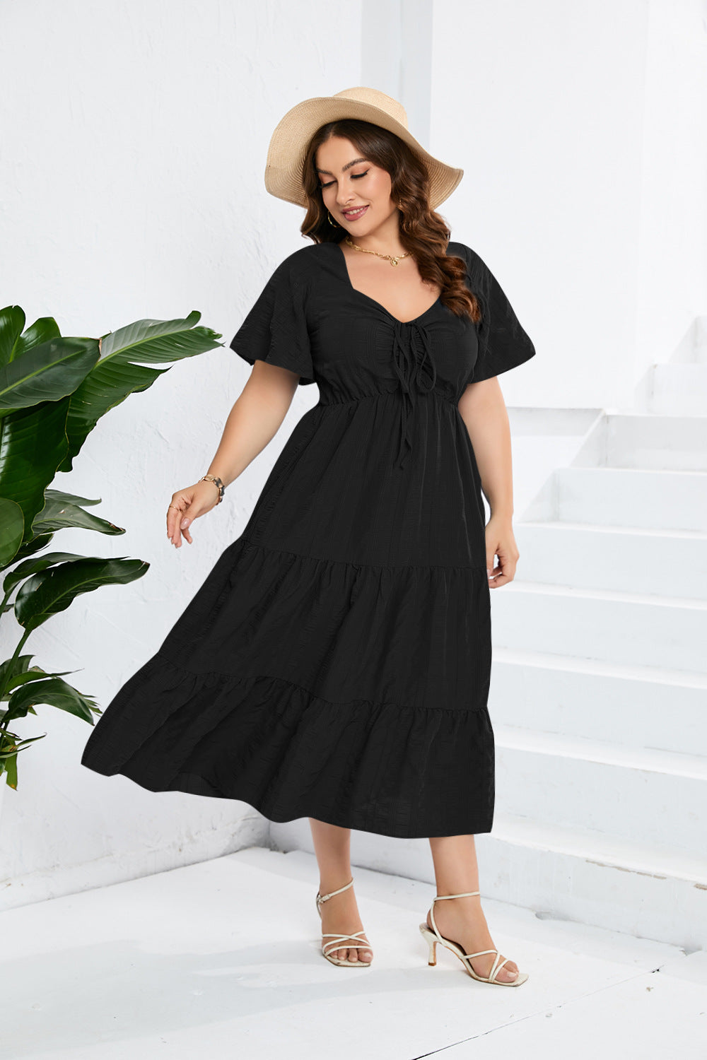 V-Neck High-Waist Dress Long Short-Sleeved Plus-Size Dress