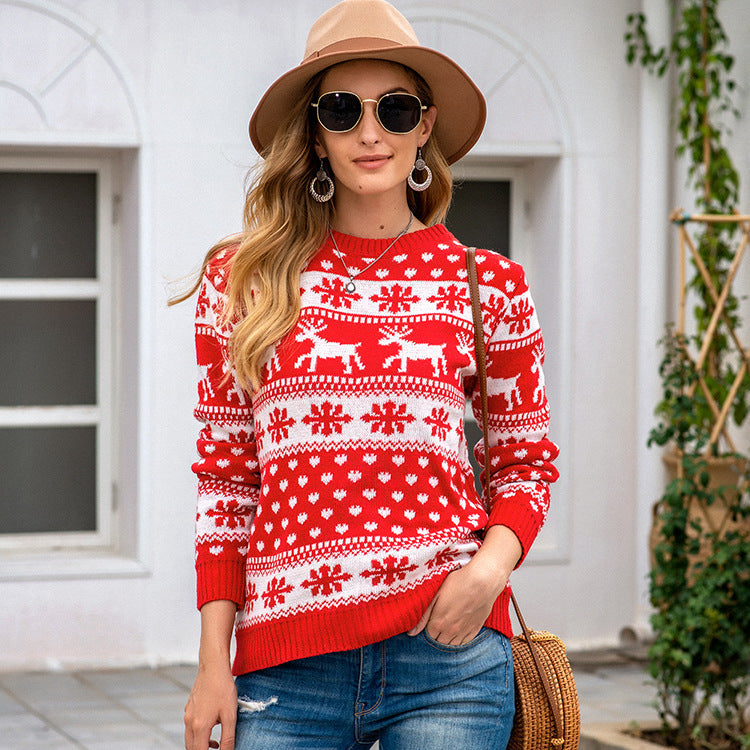 Autumn Winter Fast Sell Sweater Women Christmas Red Round Neck Deer Snowflake Pullover Sweater