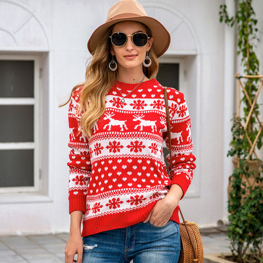 Autumn Winter Fast Sell Sweater Women Christmas Red Round Neck Deer Snowflake Pullover Sweater