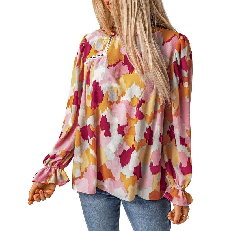 Fluffy Sleeve Chiffon Shirt Women's Round Neck Pullover Long Sleeve Top