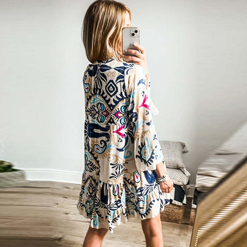 Spring New Pullover V-Neck Seven-Point Sleeve Dress Female National Style Print Knee-Length Skirt Women's Wear