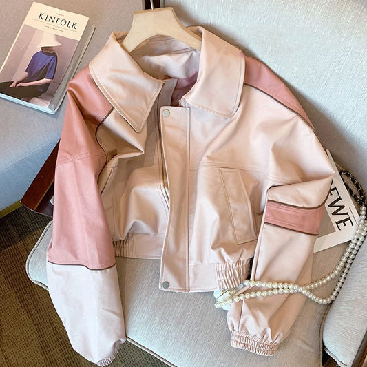 Pink Casual Leather Coat For Women Spring New Fashion Brand Loose Vintage Biker Jacket