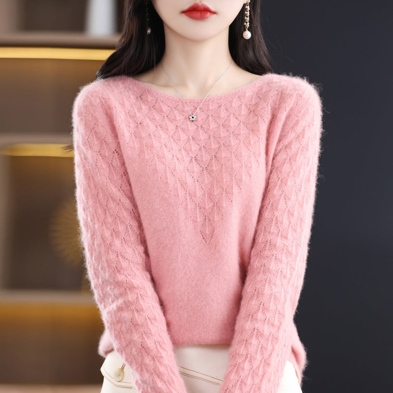 Early Spring New 100 Woolen Sweater Women's Round Neck Sweater Hollowed Out All-Over Cashmere Sweater Base