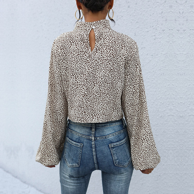 Early Autumn Holiday Fashion Crop Top Long Sleeve Sleeve High Neck Leopard Print Shirt