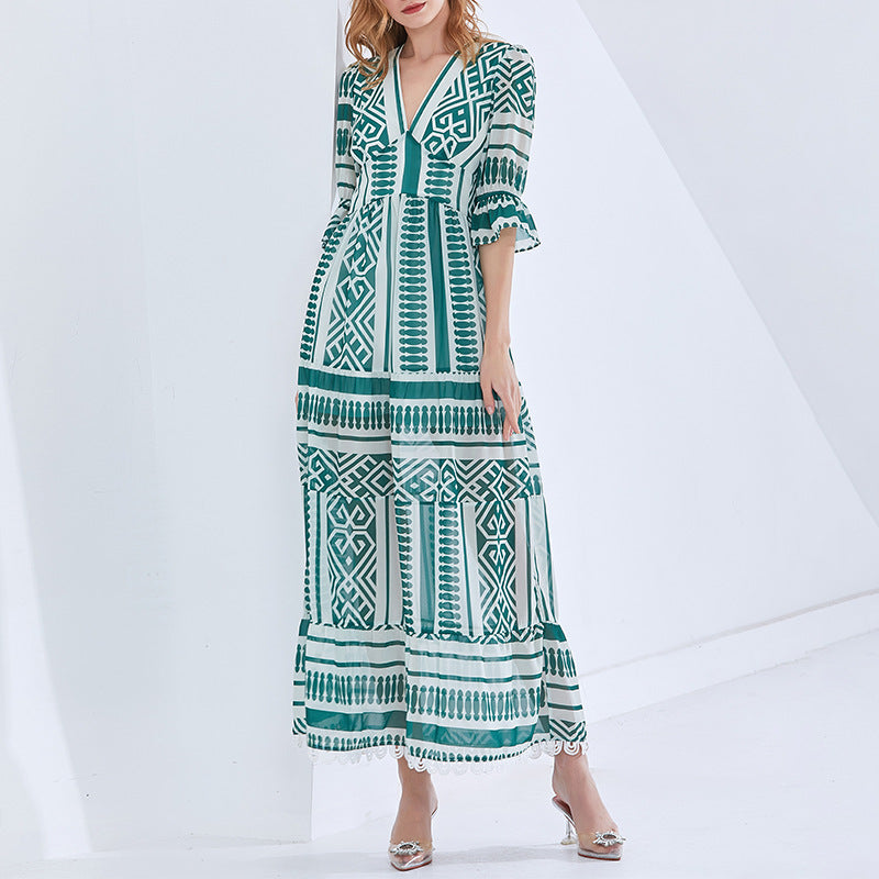 Long Vintage Skirt Striped Bohemia New High-Waisted Short-Sleeved Temperament Printed Dress Woman