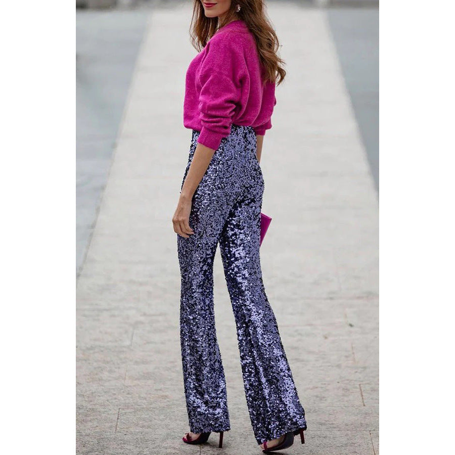 New Party Sequin Elasticated Waist Slim-Fit Stretchy Flare Ing Stylish Multicolor Pants