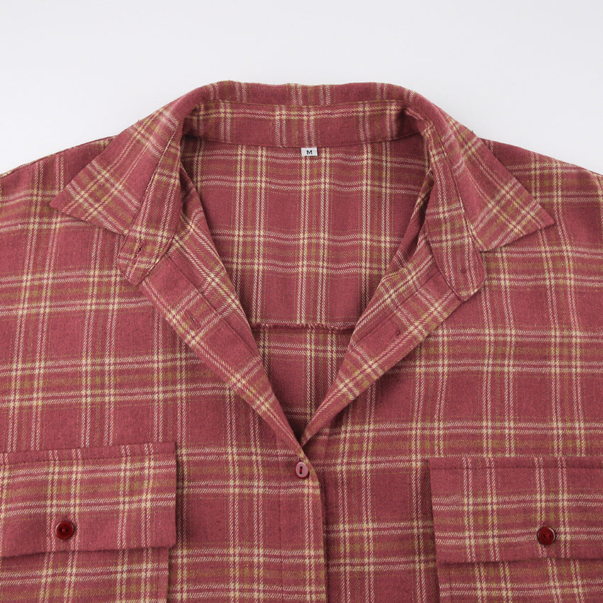 Autumn New Vintage American Red Scottish Plaid Vintage Shirt Women's Casual Loose Long-Sleeved Shirt