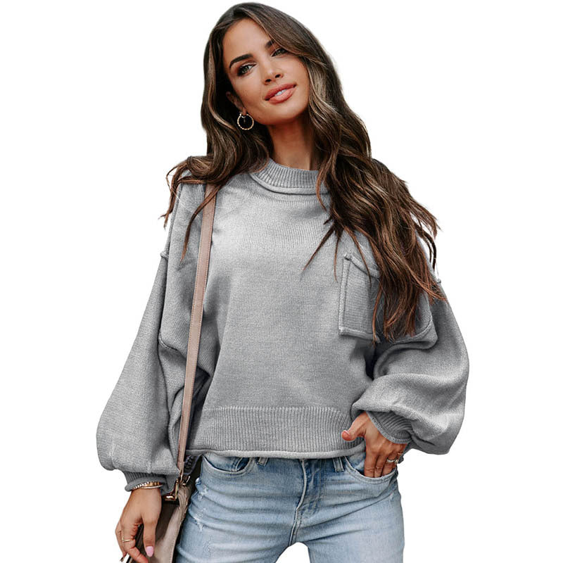 Autumn New Solid Color Furred Edge Pocket Long Sleeve Top Women Casual Style Pullover Sweater Woman