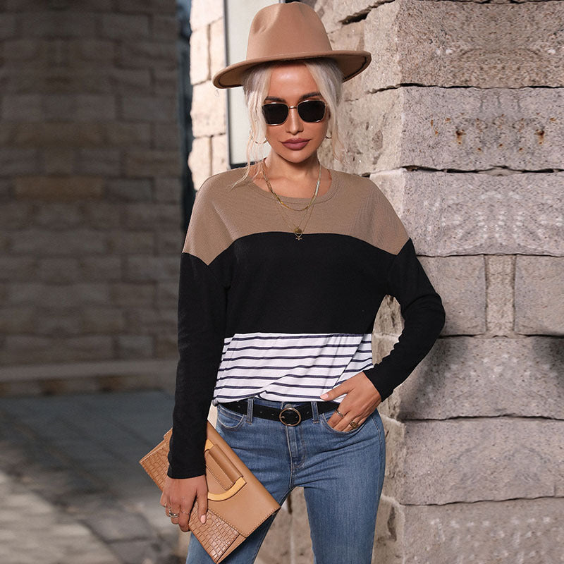 For Generation Of Casual Women's Long-Sleeved Patchwork Loose Striped Knitwear