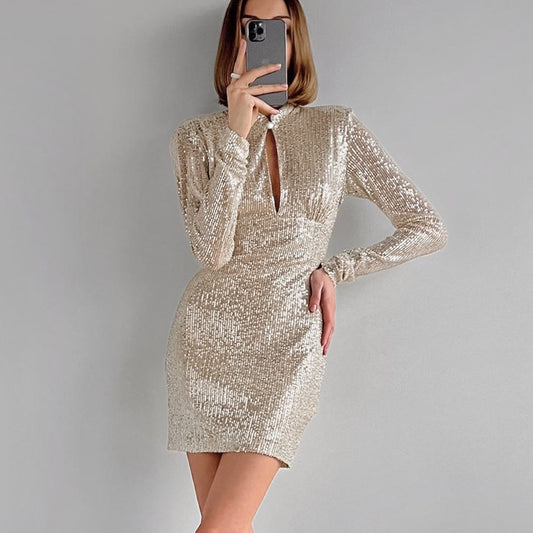 Spring Vintage Classic Champagne Party Small Stand Collar Long Sleeve Hollowed-Out Slim-Fit Wrap Buttock Dress Women's Dress