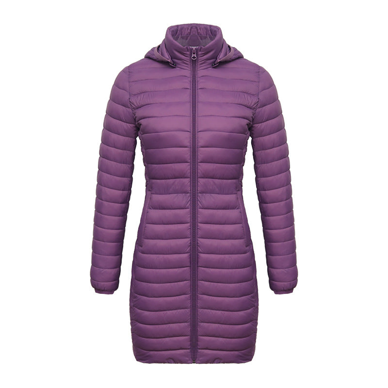 Women's Fall/Winter Lightweight Mid-Length Slim-Fit Cotton-Padded Jacket Removable Hooded Casual Commuter Coat