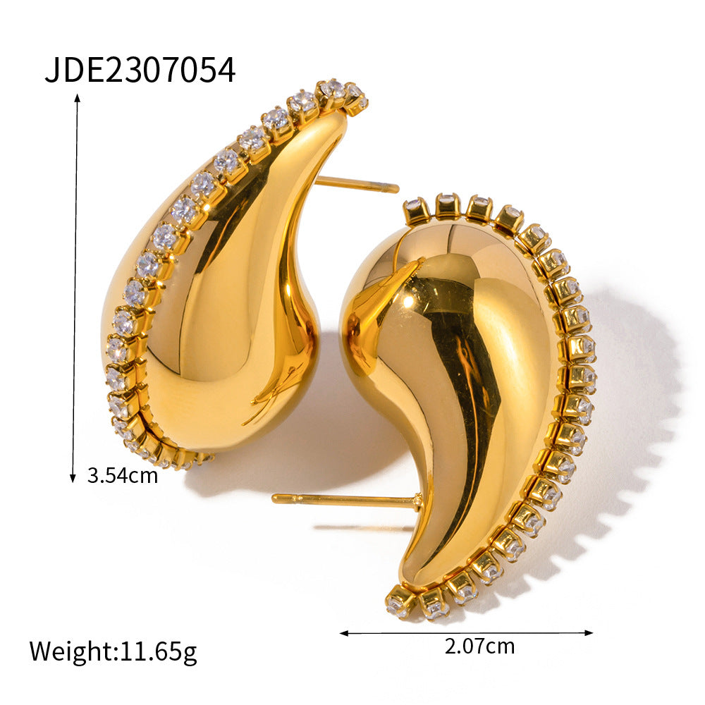 5pcs 18K Gold Chubby Drop Titanium Steel Encrusted Zircon Earrings High Design Fashion All-Matching Geometric Earrings