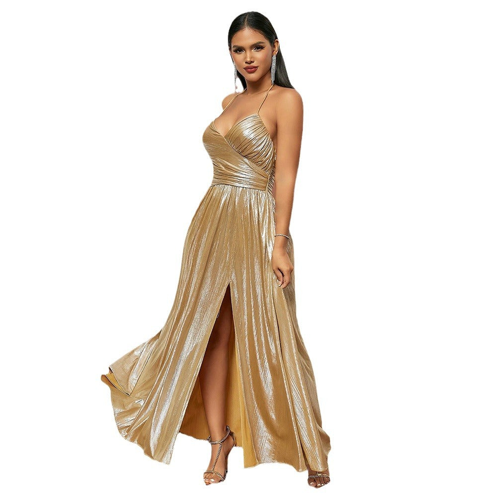 Summer New Sexy Spice Dress Retro Pleated Slit Big Halter Dress