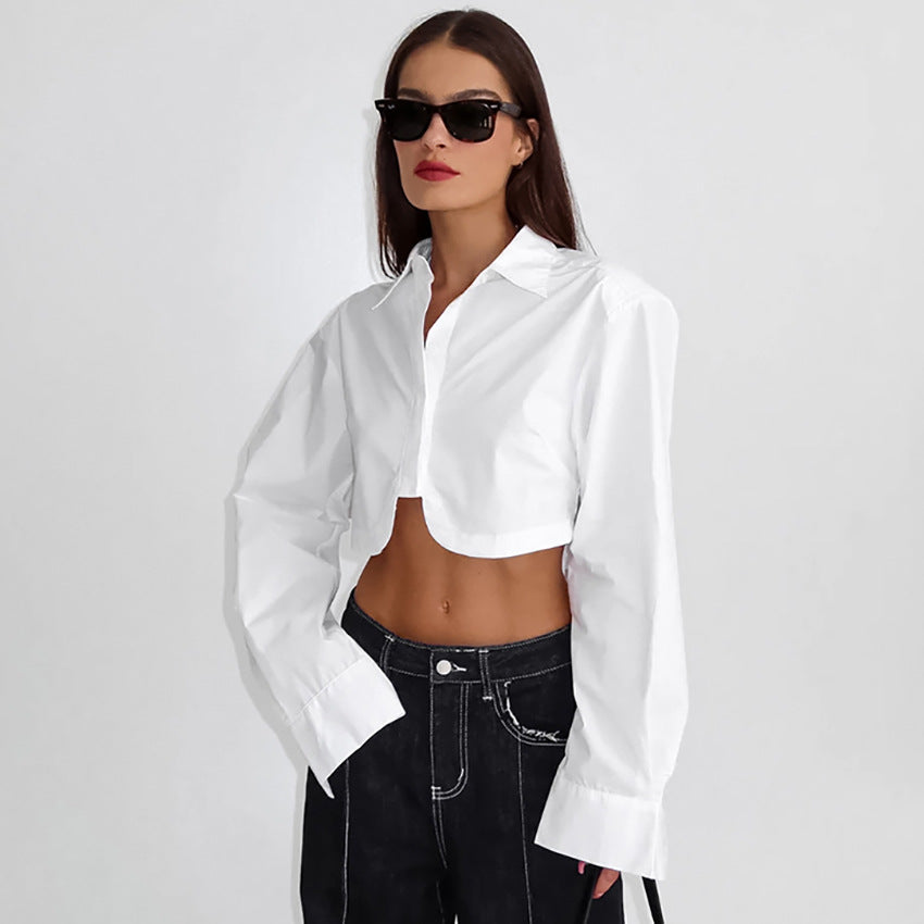 White Lapel Sexy Crop Slim Long Sleeve Shirt New Fall Fashion Women's Top