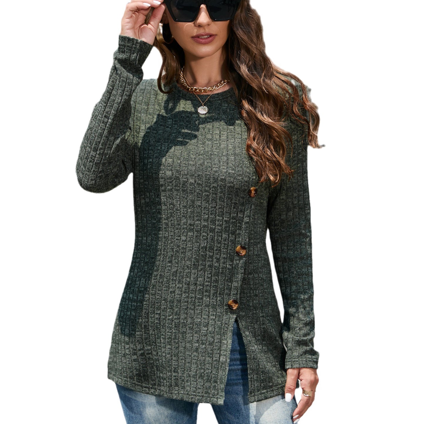 Autumn And Winter Knitwear Women's Niche Sweater Round Neck Large Size Button Women's Blouse Women's Wear