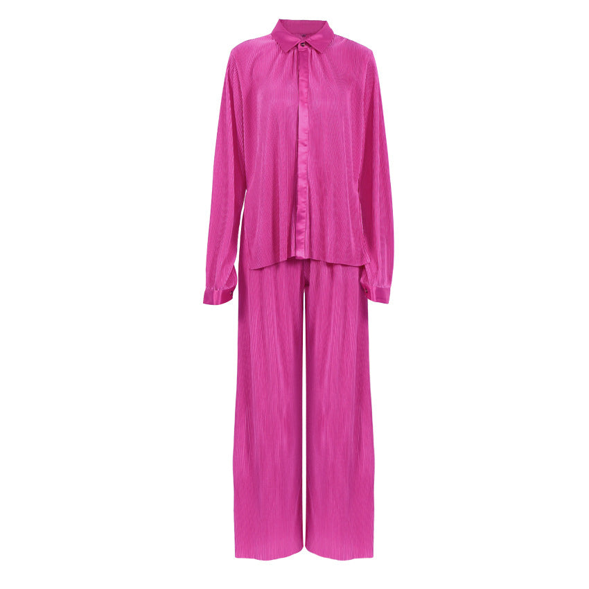 Autumn And Winter New Long-Sleeved Lapel Pleated Shirt Women's Wide-Leg Floor-Length Pleated Pants Suit Solid Color