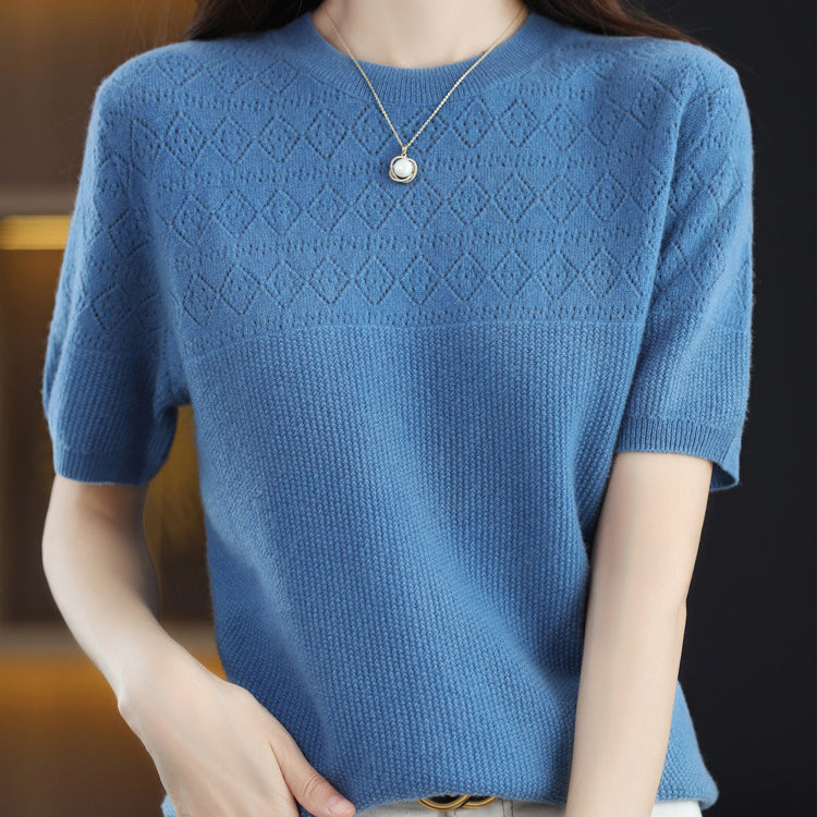 Summer New 100 Knitwear Short Sleeve T-Shirt Women's Round Neck Half Sleeve Thin Hollow Short Top Knitwear