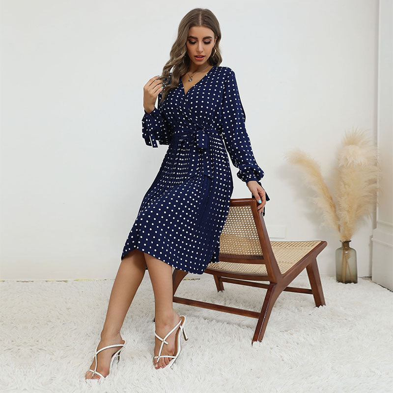 Fashion Women's Hollow Long-Sleeved Blue Polka Dot Dress Autumn And Winter