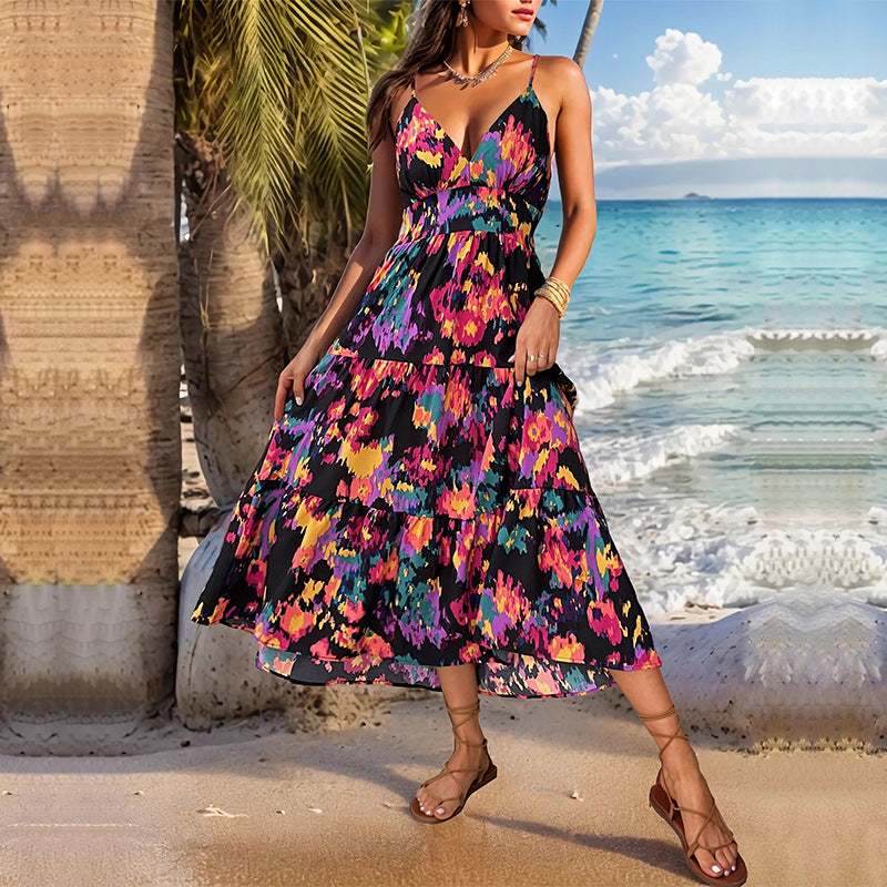 Summer Skirt Print A-Line Maxi Dress With Split Halter Halter Dress