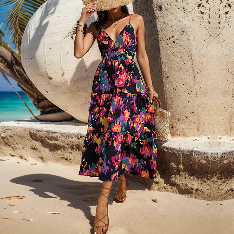 Summer Skirt Print A-Line Maxi Dress With Split Halter Halter Dress