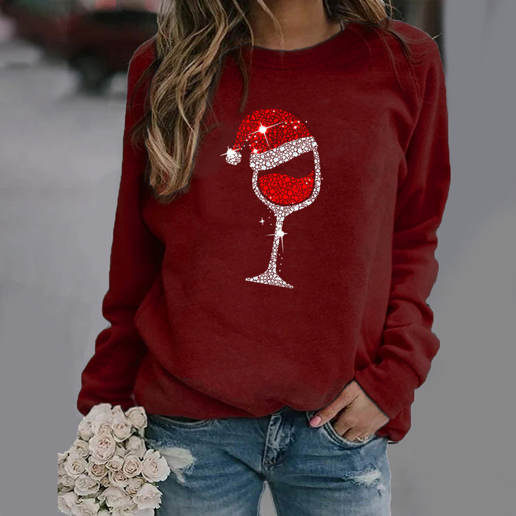 Christmas Pattern Printed Long Sleeve Round Neck Hoodie Woman