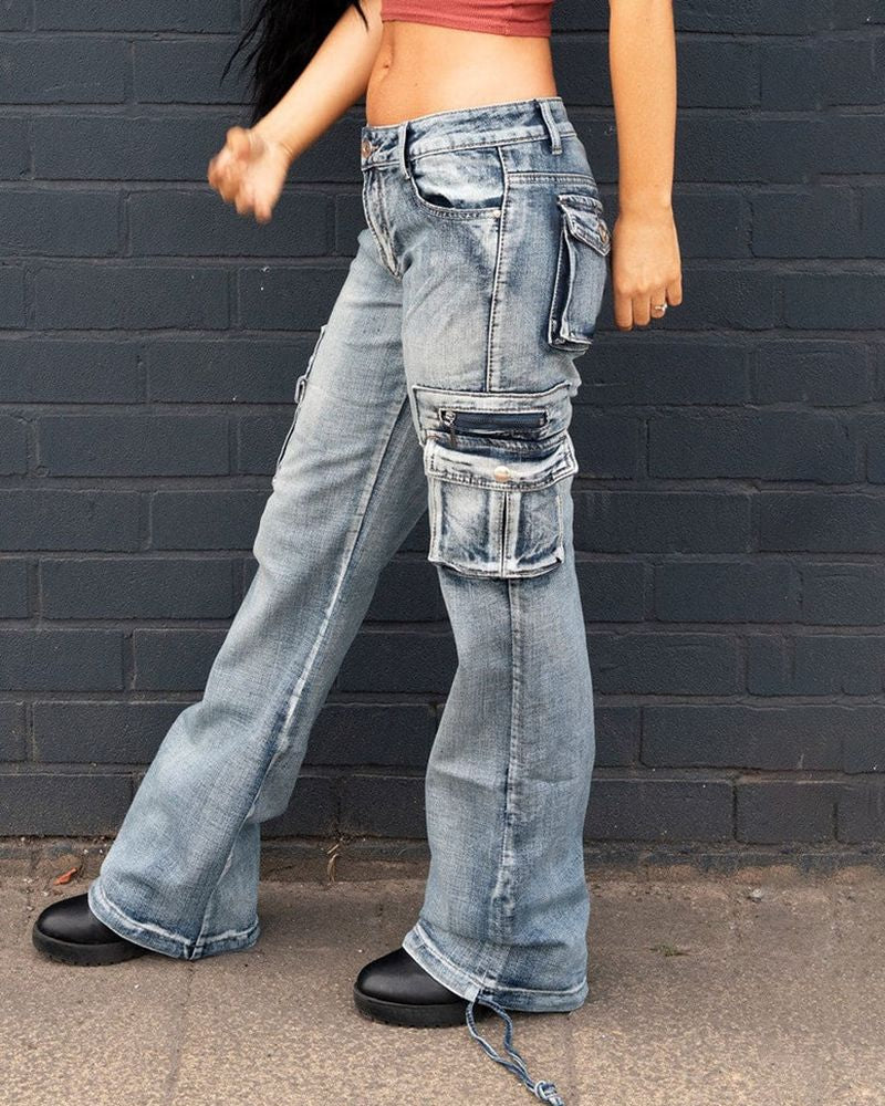 Vintage Flap Pocket Low Waist Straight Cargo Jeans