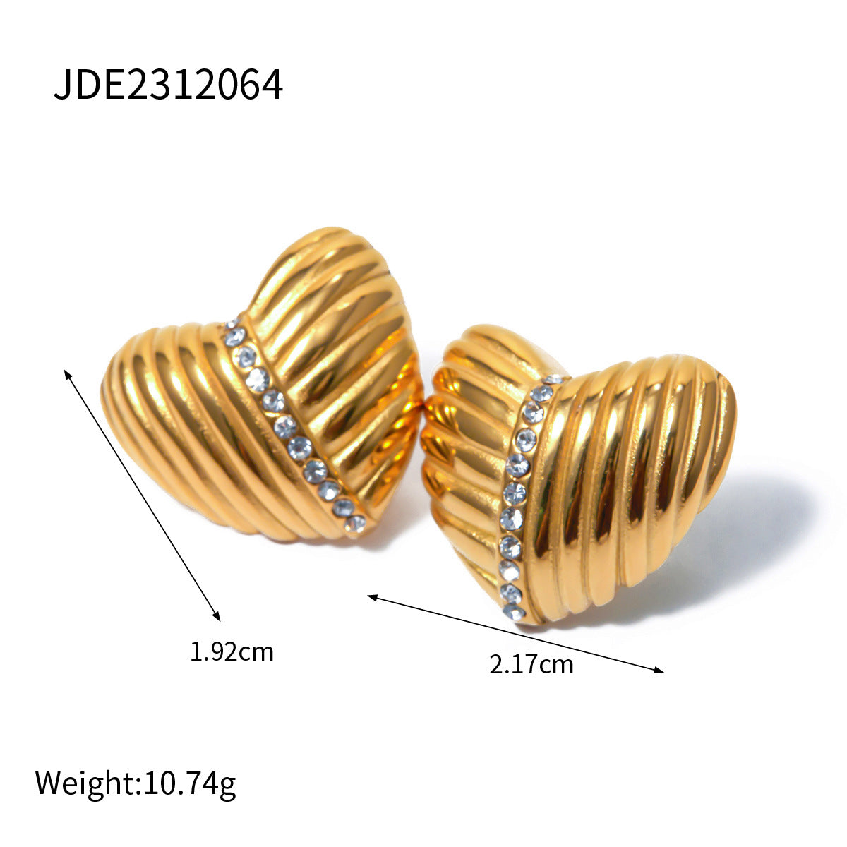 5pcs New 18K Gold Stainless Steel Ribbed Heart With Diamond Texture Earrings Women's Earrings Jewelry