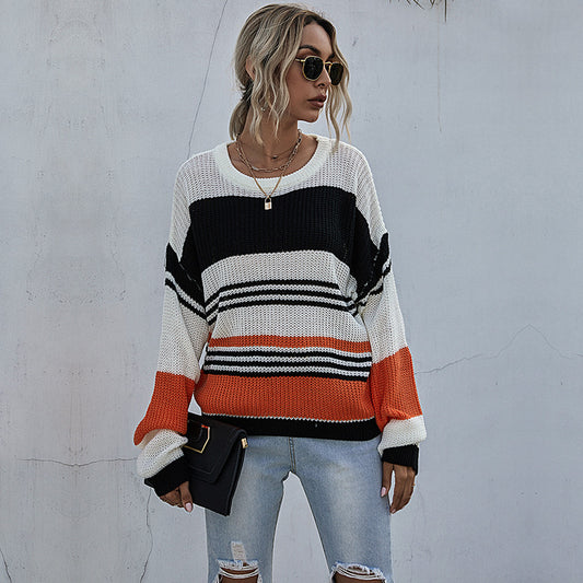 Three-Color Patchwork Striped Knit Sweater Women Loose Long Sleeve Autumn